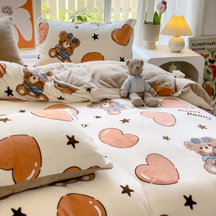 Lenjerie De Pat Cocolino 4 Piese Cu Cearceaf Pat Mare - Bej Cu Ursuleti Si Inimioare [11]