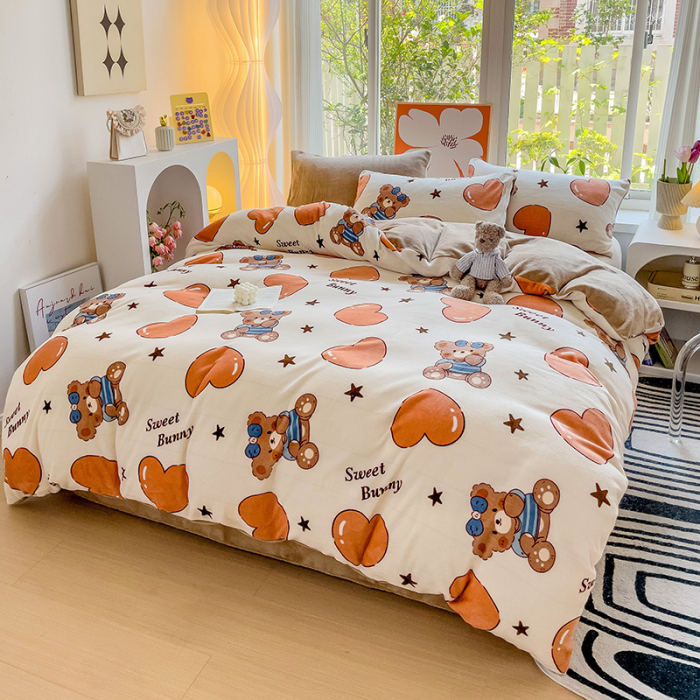 Lenjerie De Pat Cocolino 4 Piese Cu Cearceaf Pat Mare - Bej Cu Ursuleti Si Inimioare [6]