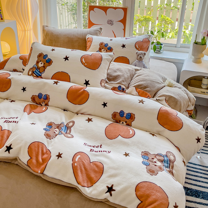 Lenjerie De Pat Cocolino 4 Piese Cu Cearceaf Pat Mare - Bej Cu Ursuleti Si Inimioare [8]