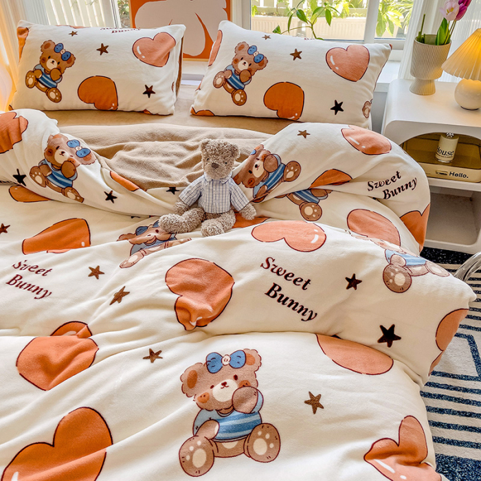 Lenjerie De Pat Cocolino 4 Piese Cu Cearceaf Pat Mare - Bej Cu Ursuleti Si Inimioare [14]