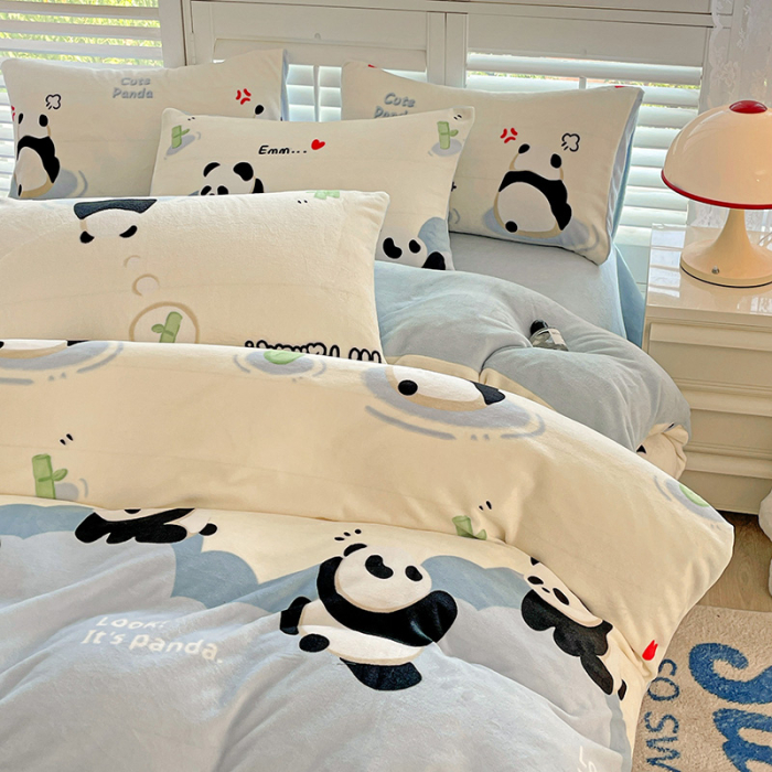 Lenjerie De Pat Cocolino 4 Piese Cu Cearceaf Pat Mare - Bleu Cu Ursuleti Panda [5]