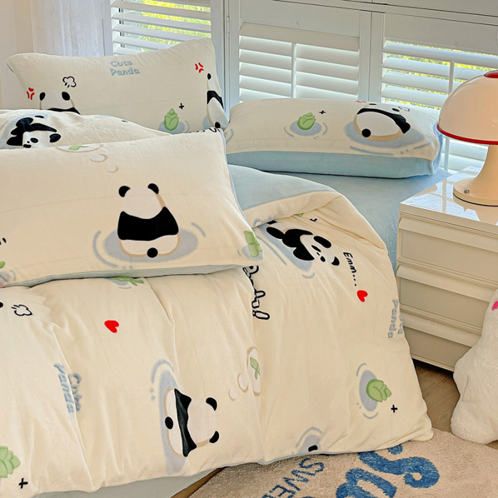 Lenjerie De Pat Cocolino 4 Piese Cu Cearceaf Pat Mare - Bleu Cu Ursuleti Panda [27]