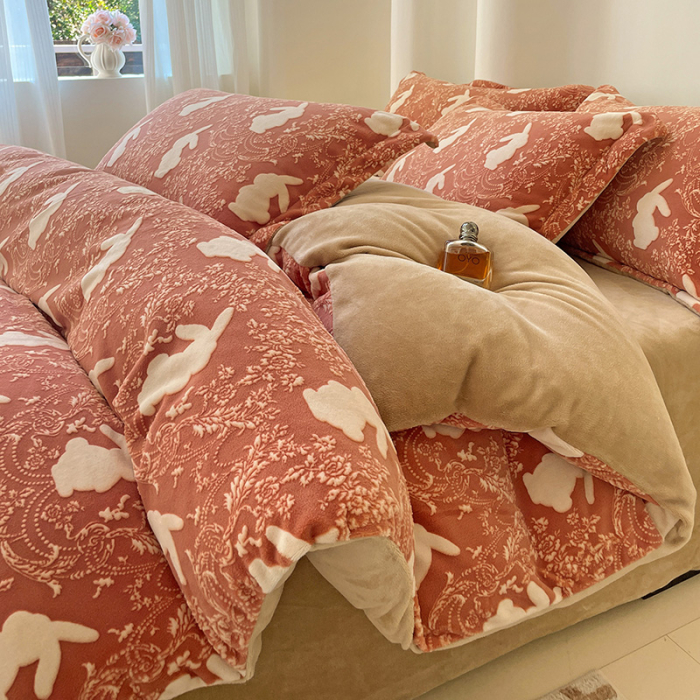 Lenjerie De Pat Cocolino 4 Piese Cu Cearceaf Pat Mare - Caramiziu Cu Iepurasi [19]