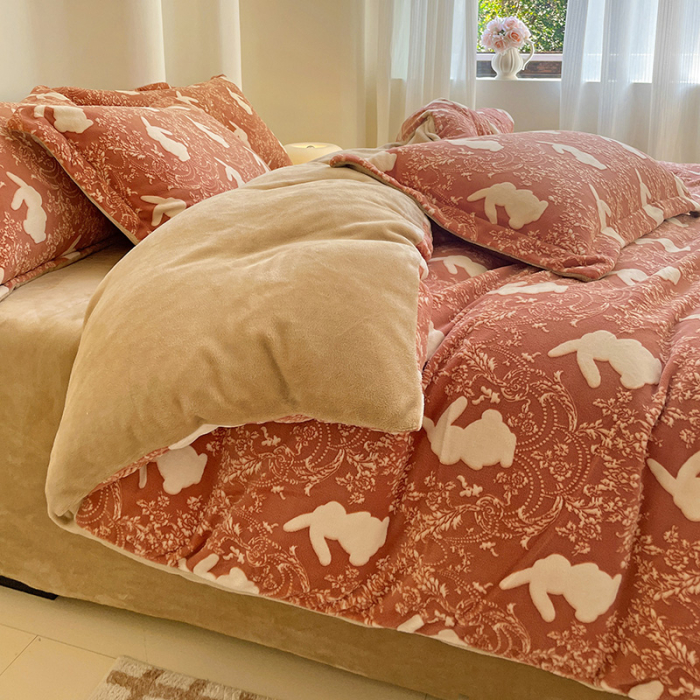 Lenjerie De Pat Cocolino 4 Piese Cu Cearceaf Pat Mare - Caramiziu Cu Iepurasi [12]