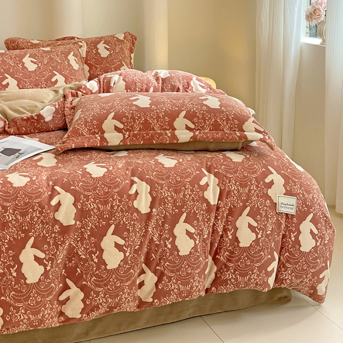 Lenjerie De Pat Cocolino 4 Piese Cu Cearceaf Pat Mare - Caramiziu Cu Iepurasi [7]