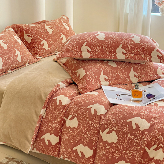 Lenjerie De Pat Cocolino 4 Piese Cu Cearceaf Pat Mare - Caramiziu Cu Iepurasi [13]