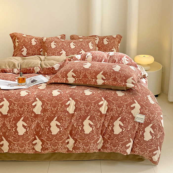 Lenjerie De Pat Cocolino 4 Piese Cu Cearceaf Pat Mare - Caramiziu Cu Iepurasi [5]