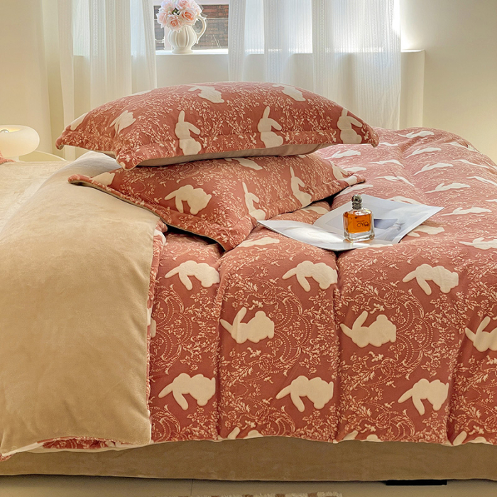 Lenjerie De Pat Cocolino 4 Piese Cu Cearceaf Pat Mare - Caramiziu Cu Iepurasi [21]