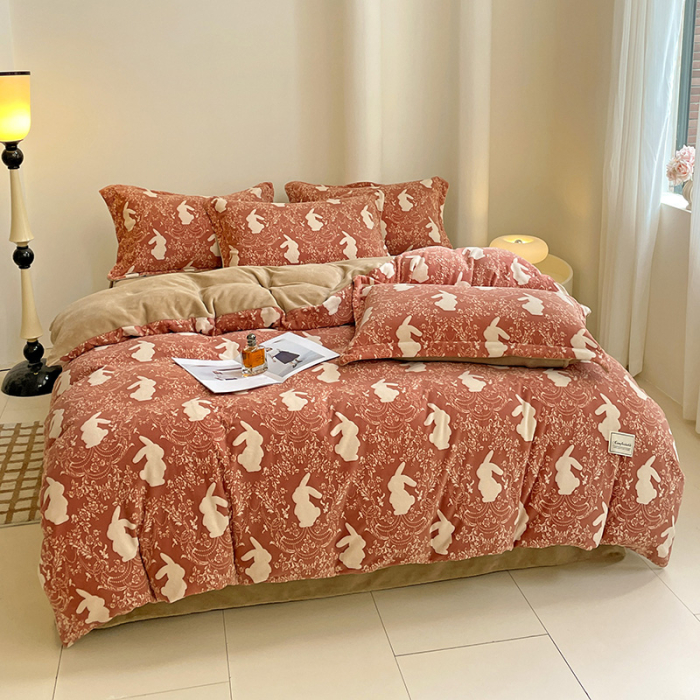 Lenjerie De Pat Cocolino 4 Piese Cu Cearceaf Pat Mare - Caramiziu Cu Iepurasi [6]