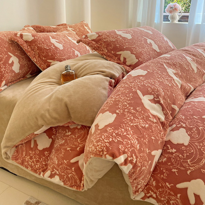 Lenjerie De Pat Cocolino 4 Piese Cu Cearceaf Pat Mare - Caramiziu Cu Iepurasi [20]