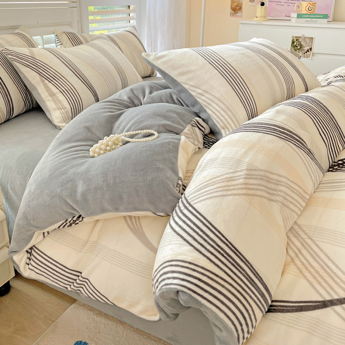 Lenjerie De Pat Cocolino 4 Piese Cu Cearceaf Pat Mare - Gri Cu Dungi Moderne [4]