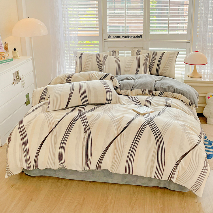 Lenjerie De Pat Cocolino 4 Piese Cu Cearceaf Pat Mare - Gri Cu Dungi Moderne [5]