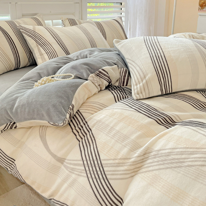 Lenjerie De Pat Cocolino 4 Piese Cu Cearceaf Pat Mare - Gri Cu Dungi Moderne [10]