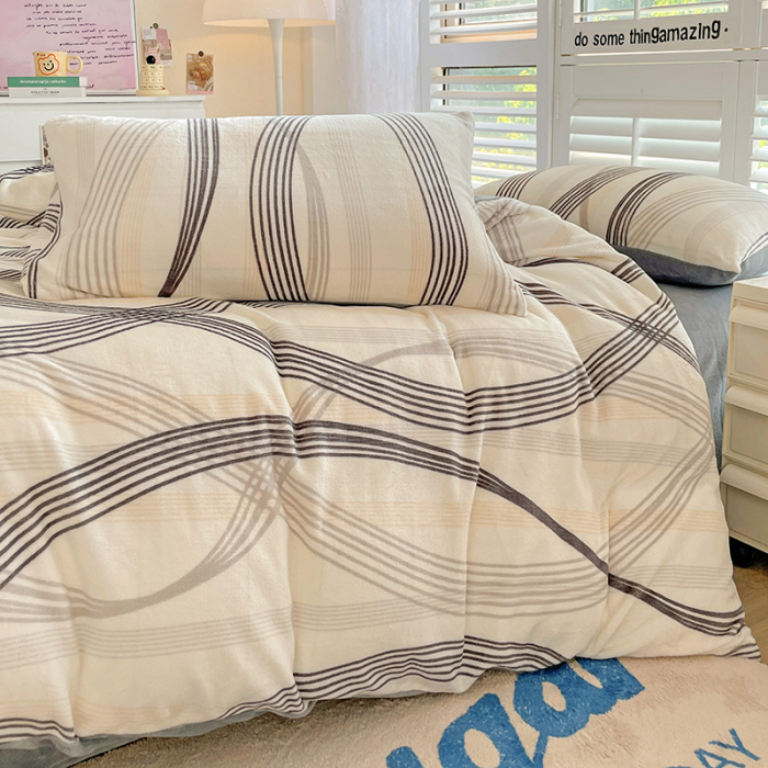 Lenjerie De Pat Cocolino 4 Piese Cu Cearceaf Pat Mare - Gri Cu Dungi Moderne [6]