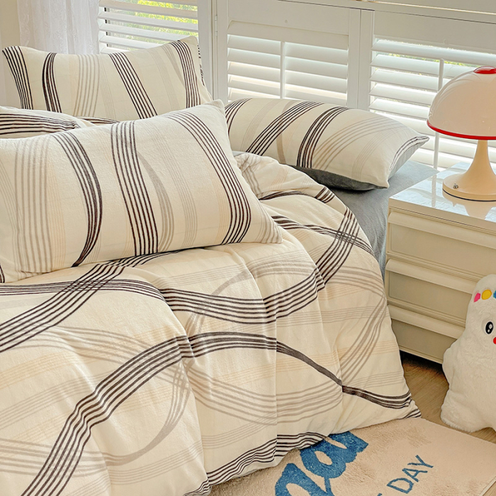 Lenjerie De Pat Cocolino 4 Piese Cu Cearceaf Pat Mare - Gri Cu Dungi Moderne [18]