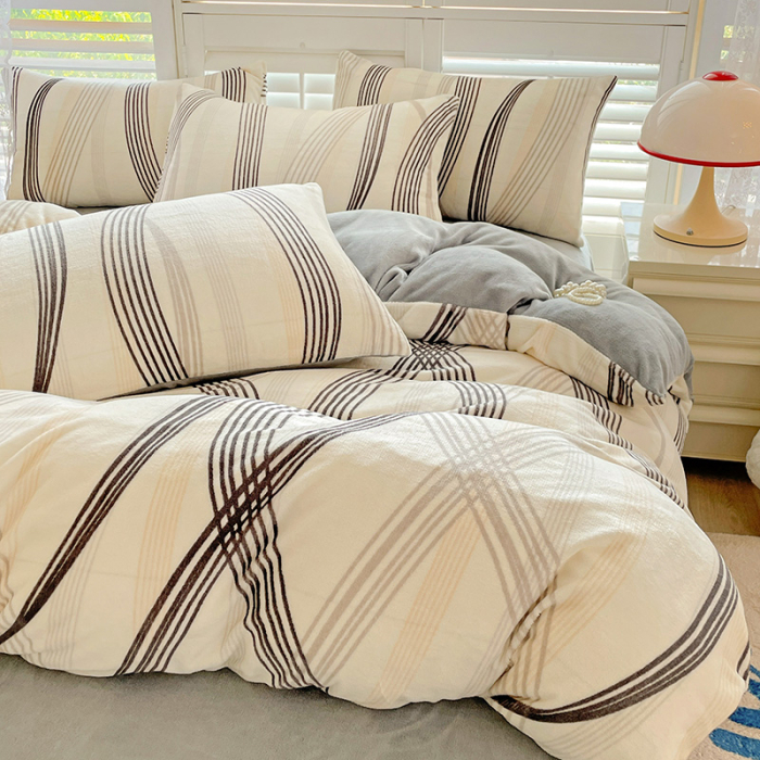 Lenjerie De Pat Cocolino 4 Piese Cu Cearceaf Pat Mare - Gri Cu Dungi Moderne [14]