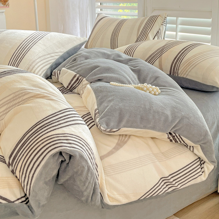 Lenjerie De Pat Cocolino 4 Piese Cu Cearceaf Pat Mare - Gri Cu Dungi Moderne [16]