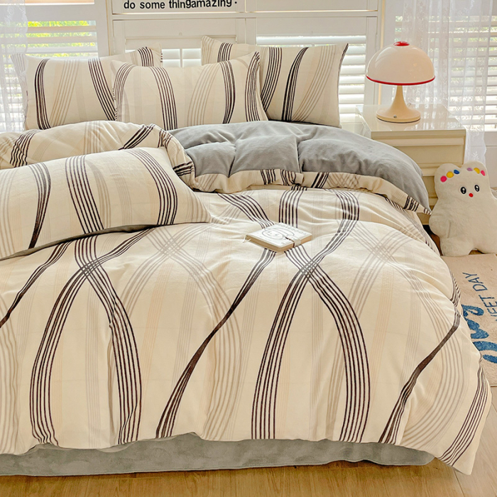 Lenjerie De Pat Cocolino 4 Piese Cu Cearceaf Pat Mare - Gri Cu Dungi Moderne [7]