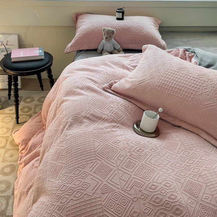 Lenjerie De Pat Cocolino 4 Piese Cu Cearceaf Pat Mare - Gri Si Roz In Relief [16]