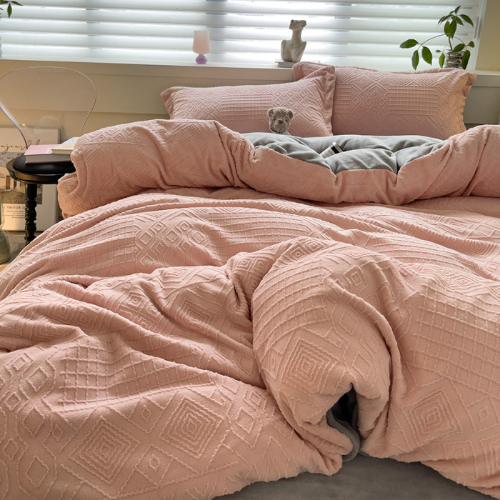 Lenjerie De Pat Cocolino 4 Piese Cu Cearceaf Pat Mare - Gri Si Roz In Relief [9]