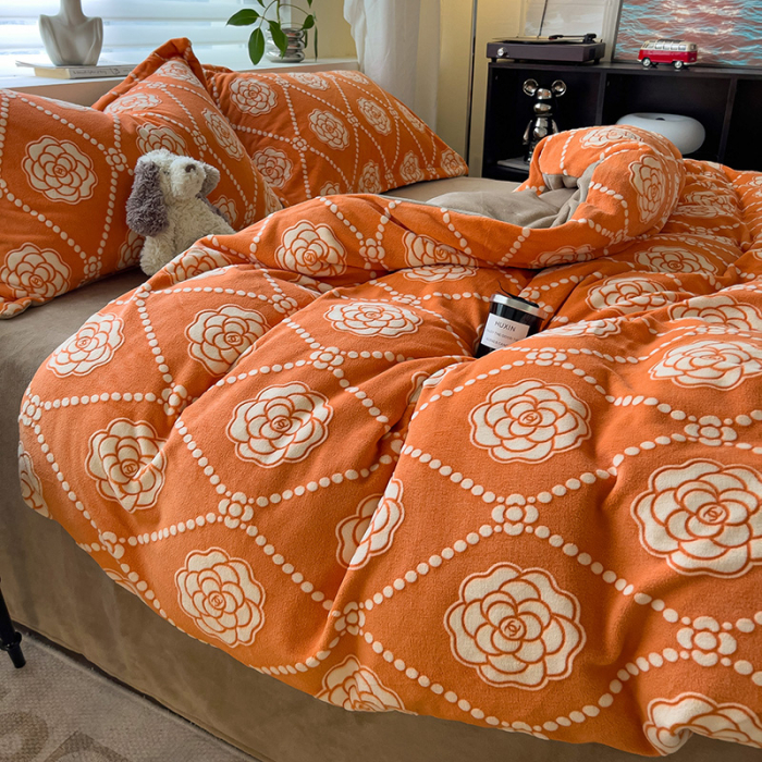 Lenjerie De Pat Cocolino 4 Piese Cu Cearceaf Pat Mare - Portocaliu Cu Trandafiri [14]