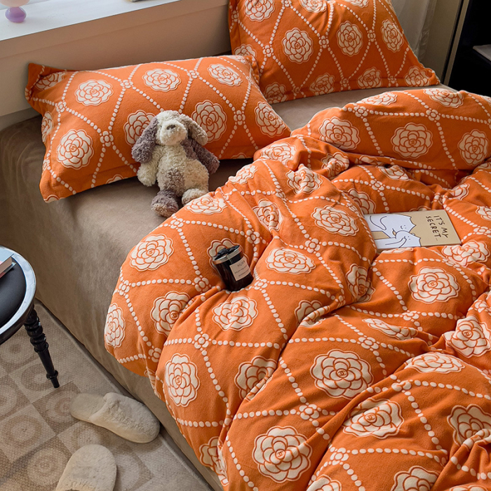 Lenjerie De Pat Cocolino 4 Piese Cu Cearceaf Pat Mare - Portocaliu Cu Trandafiri [17]