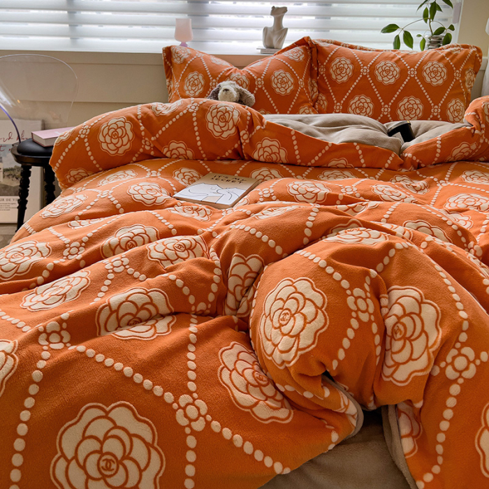 Lenjerie De Pat Cocolino 4 Piese Cu Cearceaf Pat Mare - Portocaliu Cu Trandafiri [7]