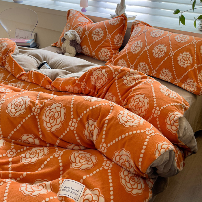 Lenjerie De Pat Cocolino 4 Piese Cu Cearceaf Pat Mare - Portocaliu Cu Trandafiri [10]