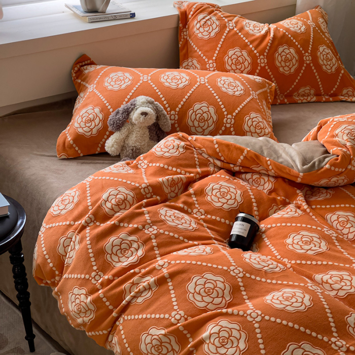 Lenjerie De Pat Cocolino 4 Piese Cu Cearceaf Pat Mare - Portocaliu Cu Trandafiri [23]