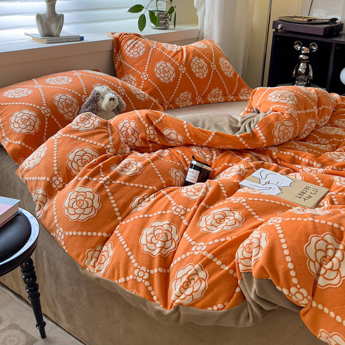 Lenjerie De Pat Cocolino 4 Piese Cu Cearceaf Pat Mare - Portocaliu Cu Trandafiri [15]