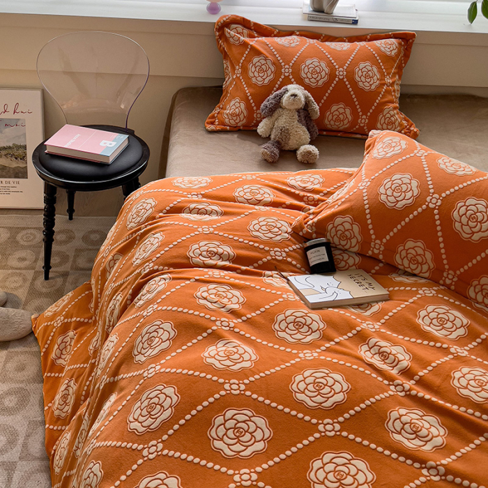 Lenjerie De Pat Cocolino 4 Piese Cu Cearceaf Pat Mare - Portocaliu Cu Trandafiri [25]