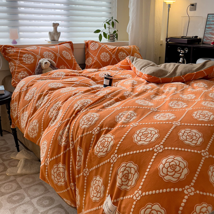 Lenjerie De Pat Cocolino 4 Piese Cu Cearceaf Pat Mare - Portocaliu Cu Trandafiri [24]