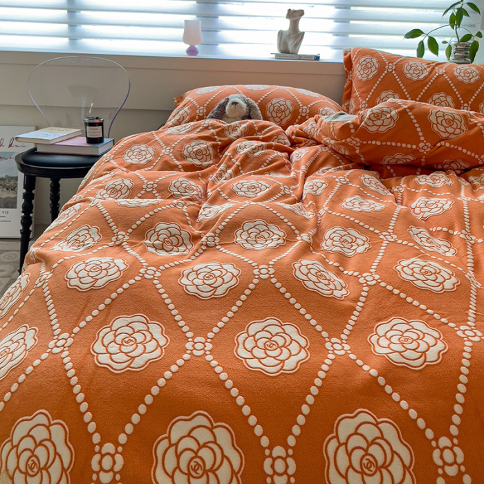 Lenjerie De Pat Cocolino 4 Piese Cu Cearceaf Pat Mare - Portocaliu Cu Trandafiri [22]