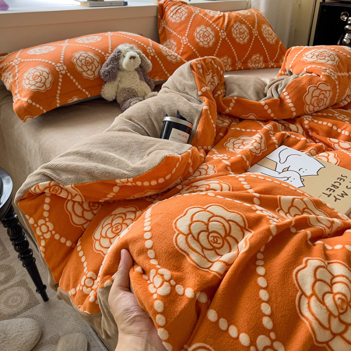 Lenjerie De Pat Cocolino 4 Piese Cu Cearceaf Pat Mare - Portocaliu Cu Trandafiri [16]