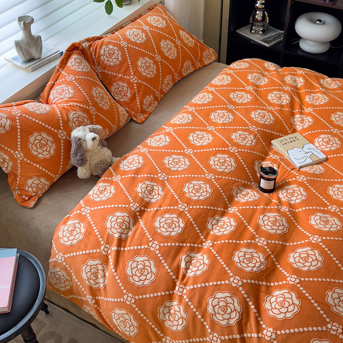 Lenjerie De Pat Cocolino 4 Piese Cu Cearceaf Pat Mare - Portocaliu Cu Trandafiri [12]