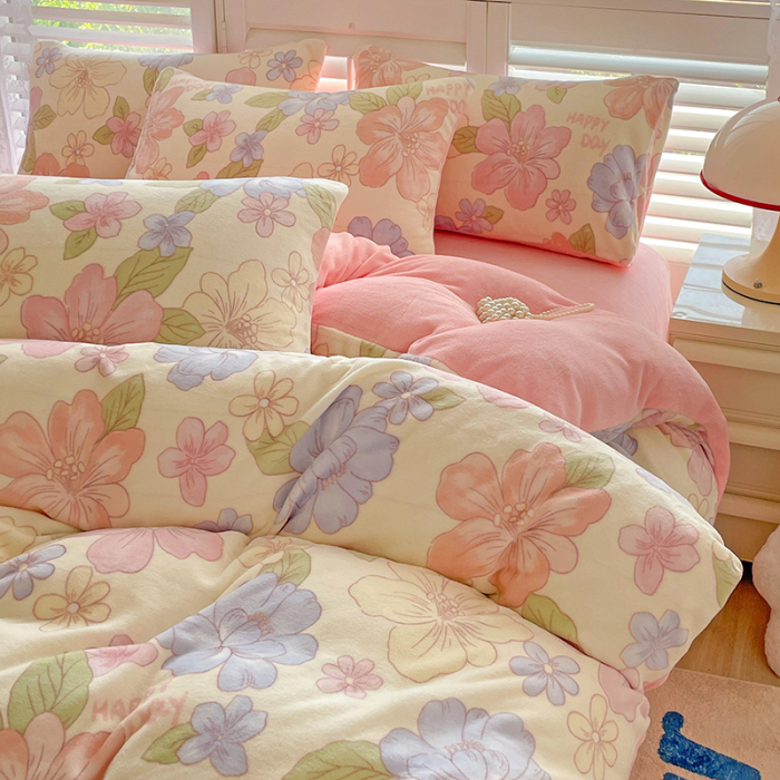 Lenjerie De Pat Cocolino 4 Piese Cu Cearceaf Pat Mare - Roz Cu Flori Pastel [20]