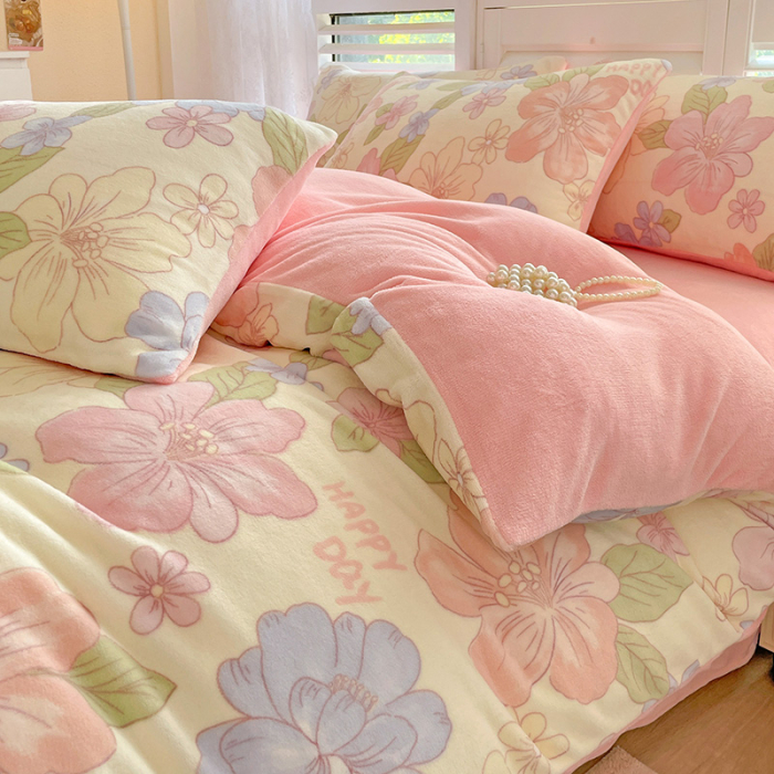 Lenjerie De Pat Cocolino 4 Piese Cu Cearceaf Pat Mare - Roz Cu Flori Pastel [16]