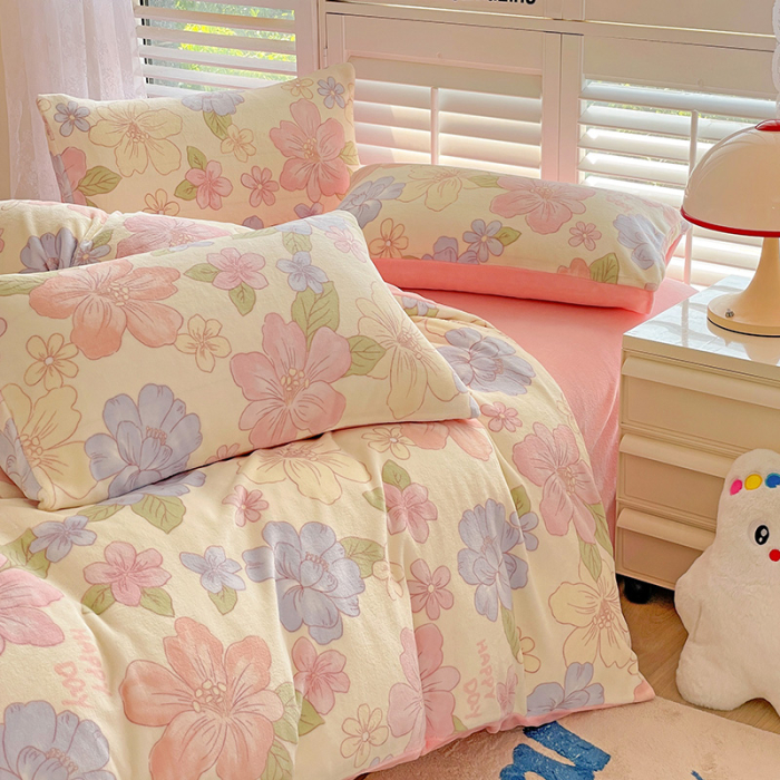 Lenjerie De Pat Cocolino 4 Piese Cu Cearceaf Pat Mare - Roz Cu Flori Pastel [12]