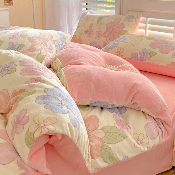 Lenjerie De Pat Cocolino 4 Piese Cu Cearceaf Pat Mare - Roz Cu Flori Pastel [10]