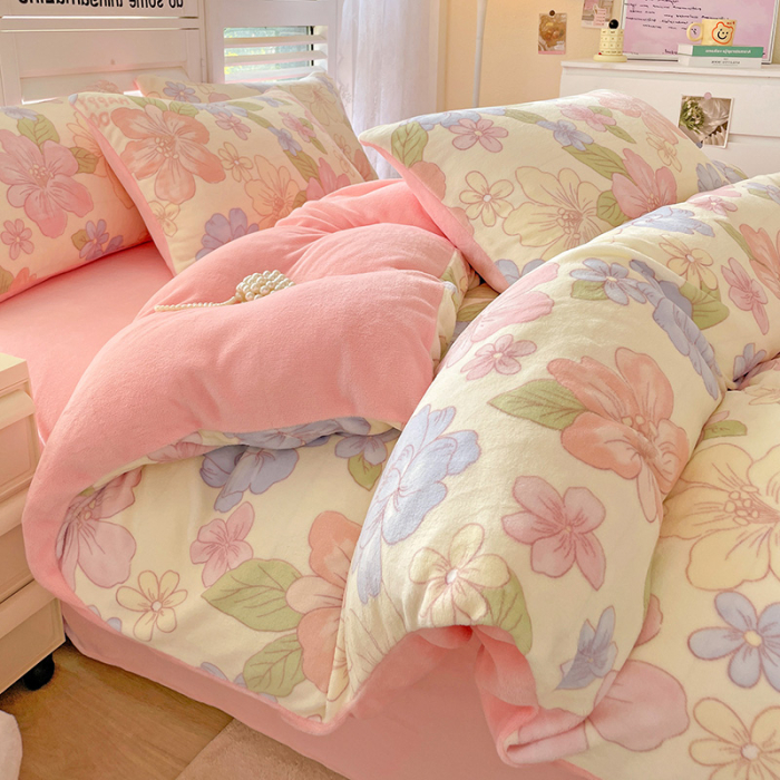 Lenjerie De Pat Cocolino 4 Piese Cu Cearceaf Pat Mare - Roz Cu Flori Pastel [18]