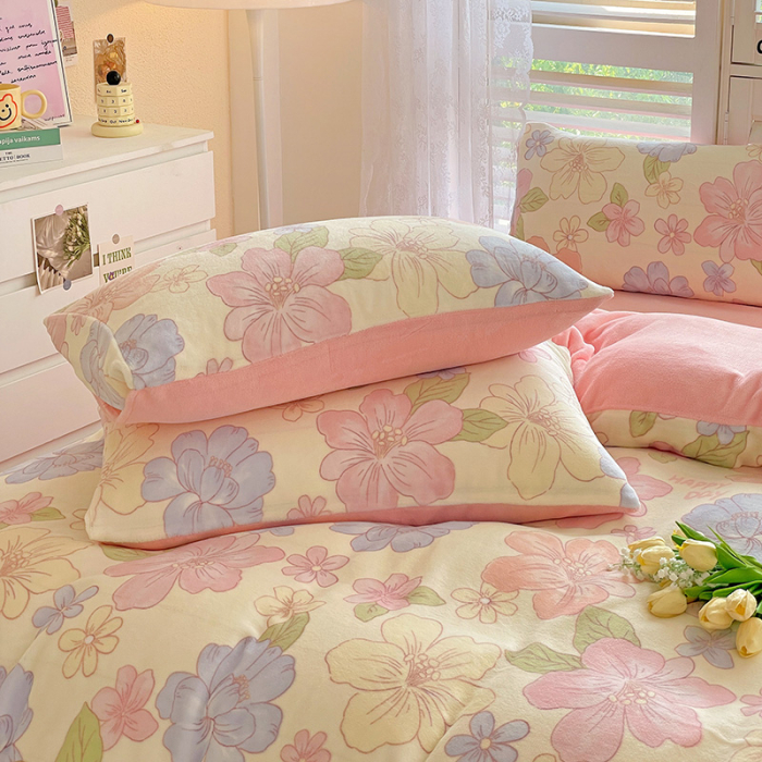 Lenjerie De Pat Cocolino 4 Piese Cu Cearceaf Pat Mare - Roz Cu Flori Pastel [6]