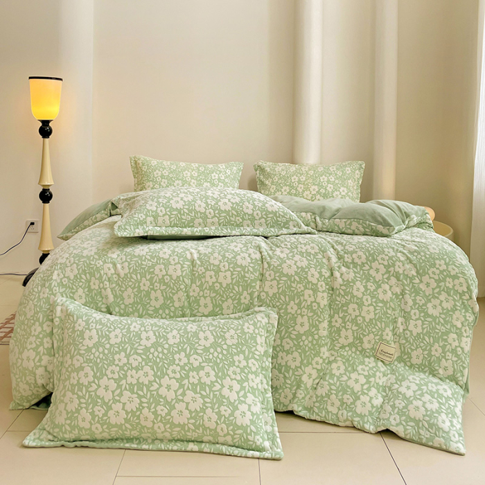 Lenjerie De Pat Cocolino 4 Piese Cu Cearceaf Pat Mare - Verde Menta Cu Flori [3]