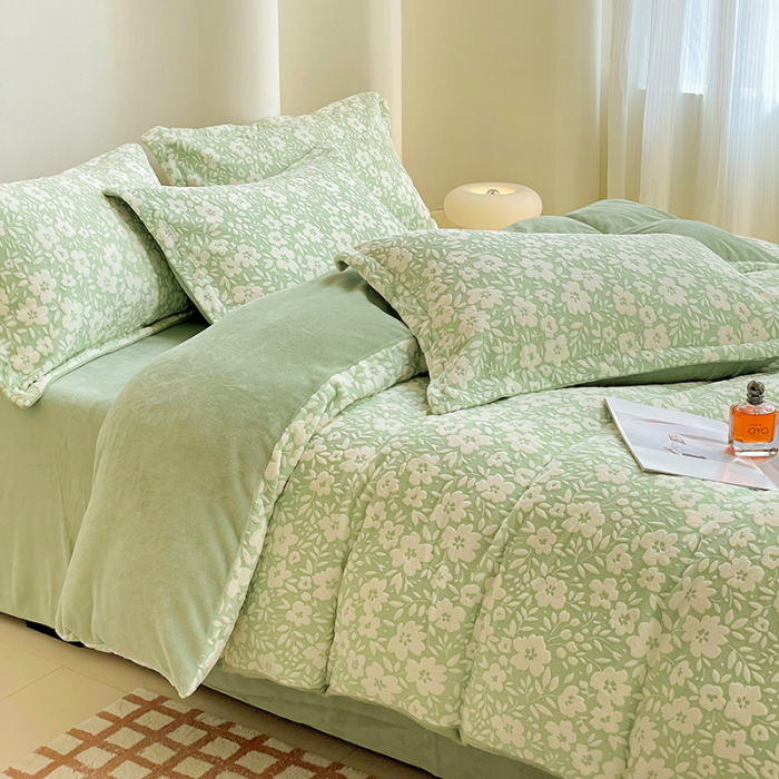 Lenjerie De Pat Cocolino 4 Piese Cu Cearceaf Pat Mare - Verde Menta Cu Flori [18]