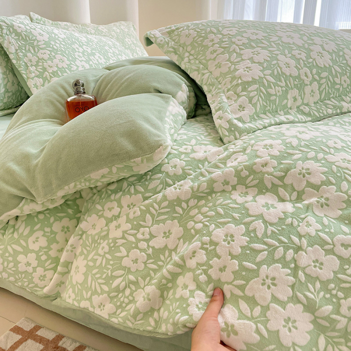 Lenjerie De Pat Cocolino 4 Piese Cu Cearceaf Pat Mare - Verde Menta Cu Flori [12]
