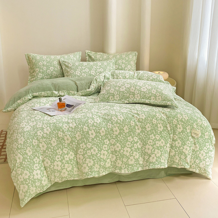 Lenjerie De Pat Cocolino 4 Piese Cu Cearceaf Pat Mare - Verde Menta Cu Flori [6]