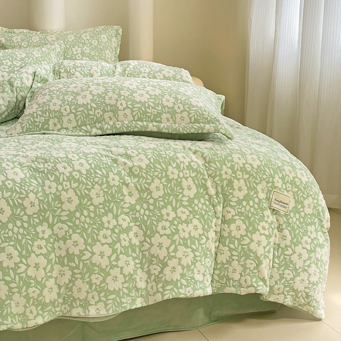 Lenjerie De Pat Cocolino 4 Piese Cu Cearceaf Pat Mare - Verde Menta Cu Flori [7]