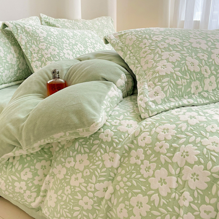 Lenjerie De Pat Cocolino 4 Piese Cu Cearceaf Pat Mare - Verde Menta Cu Flori [10]