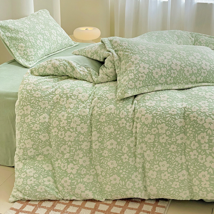 Lenjerie De Pat Cocolino 4 Piese Cu Cearceaf Pat Mare - Verde Menta Cu Flori [16]