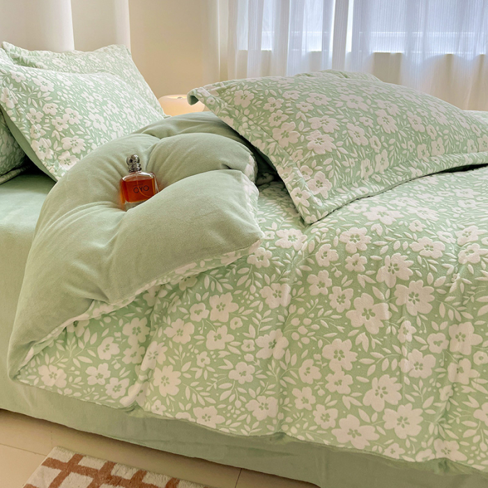 Lenjerie De Pat Cocolino 4 Piese Cu Cearceaf Pat Mare - Verde Menta Cu Flori [8]