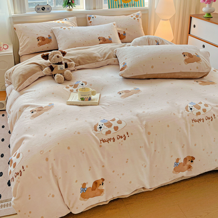 Lenjerie De Pat Cocolino 4 Piese Cu Elastic - Bej Cu Catei [4]